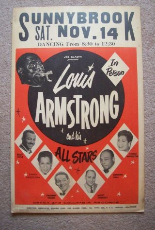 Vintage Louis Armstrong Jazz Window Card Poster Sunnybrook Ballroom Pottstown Pa