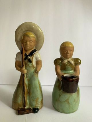 Pair Frankoma Green Farmer Boy 702 And Flower Girl Figurines