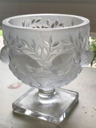 Lalique France Elizabeth Crystal Glass Bowl Pedestal Vase Frosted Birds Leaves
