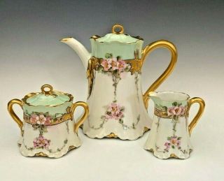 Stunning Haviland Limoges Tea Pot With Creamer & Sugar.  Pink Floral Design