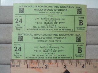 Vintage Tickets Nbc Hollywood Studios Mr/mrs.  Ronald Colman - Jos Schlitz Brewing