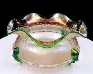 Loetz Kralik Art Glass Iridescent Emerald Accents 8 1/4 " Ruffled Bowls 1920 