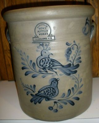 Huge Heavy Salt Glazed Rowe Pottery 5 Gallon 2 Bird Crock 19 Pounds 13 1/2 "