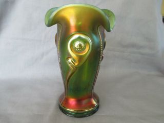Northwood Green Carnival Glass Tornado Vase
