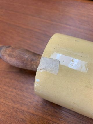 Early Yellow Ware Rolling Pin w/ Wood Handles and Stand / 10