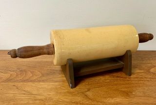 Early Yellow Ware Rolling Pin W/ Wood Handles And Stand /