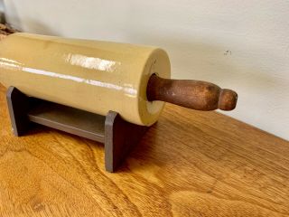 Early Yellow Ware Rolling Pin w/ Wood Handles and Stand / 2