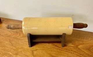 Early Yellow Ware Rolling Pin w/ Wood Handles and Stand / 3