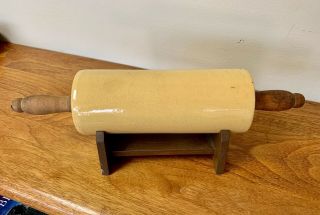 Early Yellow Ware Rolling Pin w/ Wood Handles and Stand / 4