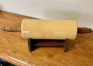 Early Yellow Ware Rolling Pin w/ Wood Handles and Stand / 5