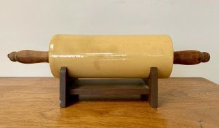Early Yellow Ware Rolling Pin w/ Wood Handles and Stand / 6
