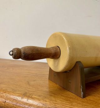 Early Yellow Ware Rolling Pin w/ Wood Handles and Stand / 9