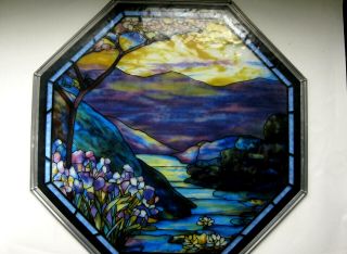 Signed Louis C.  Tiffany Landscape 21 " Octagon Stained Glass Window Glassmasters