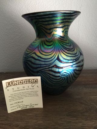 Signed Lundberg Studios King Tut Iridescent Blown Art Glass Vase