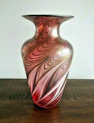 Signed Robert Held Art Glass 9” Iridescent Pulled Feather Vase Hand Blown Canada