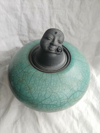 Jay Gogin Signed Studio Art Pottery Raku Figural Lidded Blue Jar Or Urn