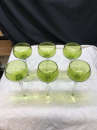 Set Of 6 Six Baccarat Crystal Tall Wine Hock,  Green Bowl,  Clear Stem & Base