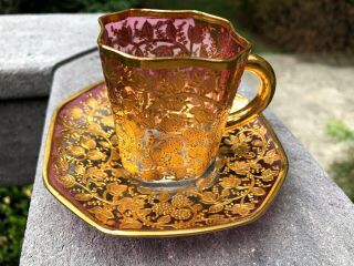 Antique Moser Cranberry To Clear Glass Demitasse Cup & Saucer W/gold Gilding
