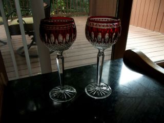 (2) Wine Hocks Glasses,  Waterford Lead Crystal Clarendon Ruby Red Cut To Clear