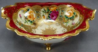 Nippon Pink & Orange Rose Maroon & Gold Moriage Footed Bowl Circa 1891 - 1921