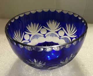 Vintage Cobalt Blue Lead Crystal Cut Glass Bowl Floral Design Estate Fresh