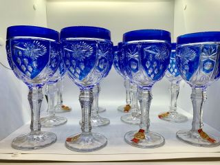 11 Anna Hutte Bleikristall W.  Germany Crystal Cobalt Blue Water/wine Glasses