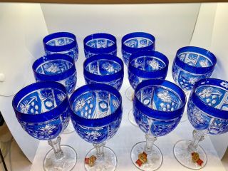 11 Anna Hutte Bleikristall W.  Germany Crystal Cobalt Blue Water/Wine Glasses 3