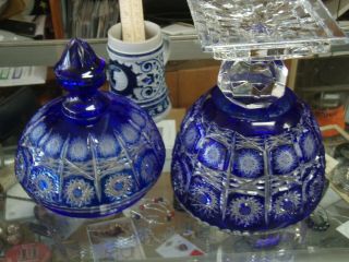 Bohemian Cobalt Blue Cut To Clear Engraved Glass Lidded Candy Dish, .  /719