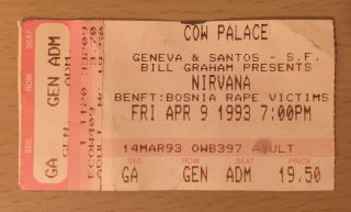 1993 Nirvana San Francisco Concert Ticket Stub Kurt Cobain Dave Grohl In Utero