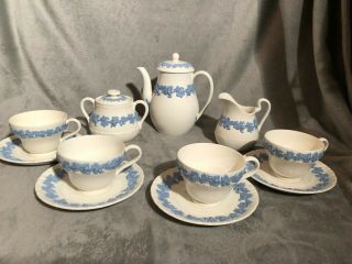 Wedgwood Queensware Vintage Lavender Cream Embossed Tea Set Cups Pot Blue Teapot