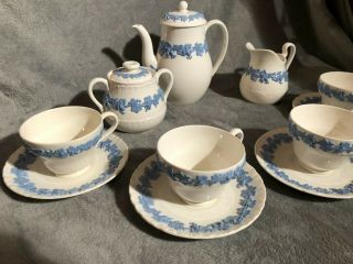 WEDGWOOD Queensware Vintage Lavender Cream Embossed Tea Set CUPS POT blue teapot 3