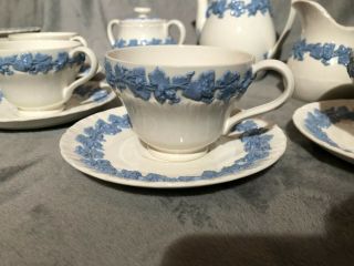 WEDGWOOD Queensware Vintage Lavender Cream Embossed Tea Set CUPS POT blue teapot 5