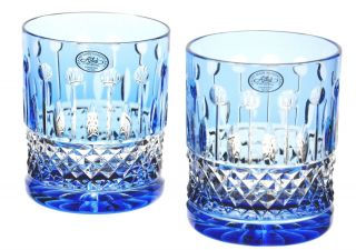 2 Ajka King Louis Xenia Azure Lt Blue Cut To Clear Crystal Dof Whiskey Glass