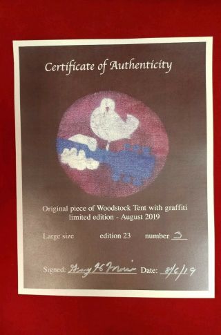 Limited 1969 Woodstock Artifact Large Canvas Tent Piece with Art and Text 6