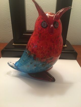 Rare Signed Franco Moretti Murano Vintage Art Glass Owl W/ Gold Fleck Millefiori