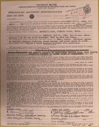 Jerry Lee Lewis Signed Performance Contract Vintage Signature 1968