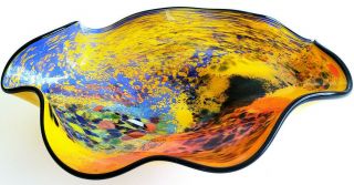 Ioan Nemtoi - Multi Color Glass Art Wavy Bowl - Made In Romania - 11 X 9 - Signed