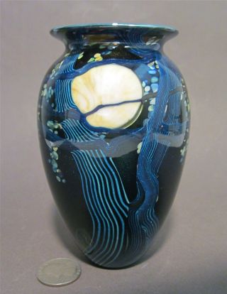 Richard Satava Signed Wisteria Moon Hand Blown Studio Art Glass 5 " Vase C.  1988