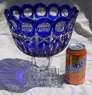 Large Cobalt Blue Cut To Clear Footed Shannon Crystal Bowl Compote