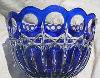 Large Cobalt Blue Cut to Clear Footed Shannon Crystal Bowl Compote 4