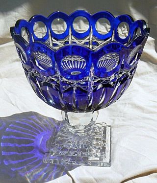 Large Cobalt Blue Cut to Clear Footed Shannon Crystal Bowl Compote 8