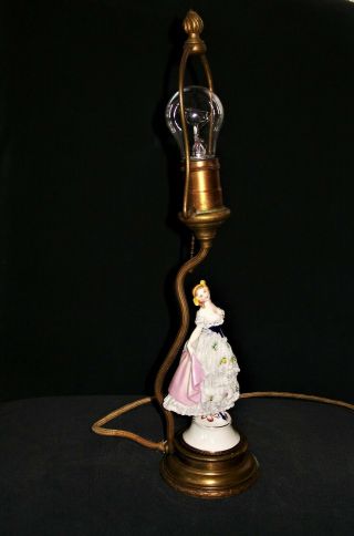 ANTIQUE GERMAN DRESDEN ART DECO LACE LADY DANCER BRONZE PORCELAIN LAMP FIGURINE 7