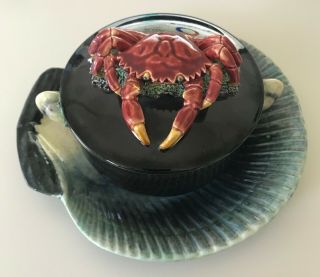 4 Vintage Palissy Ware Majolica Black Crab Pot Covered Dish & Sea Shell Saucer.