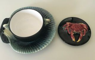 4 Vintage Palissy Ware Majolica Black Crab Pot Covered Dish & Sea Shell Saucer. 2