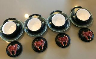 4 Vintage Palissy Ware Majolica Black Crab Pot Covered Dish & Sea Shell Saucer. 6