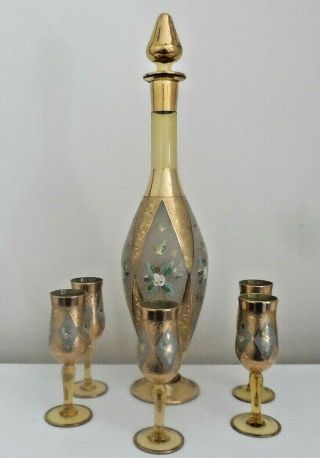 Murano Italy Amber Glass Decanter Set.  Hand Blown & 18ct Gold Hand Decorated