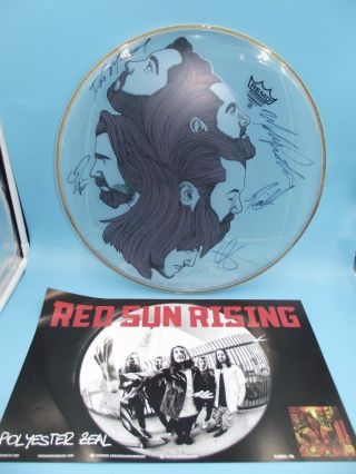 Red Sun Rising Band Complete By All 5 Signed Remo Huge 17 Inch Custom Drumhead