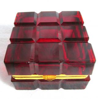 Hollywood Regency Red Italian Murano Glass Trinket / Cigarette Box W/ Metal Trim