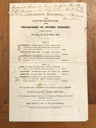 Concert Program 1838 London Premier Mendelssohn Eminor String Quartet Violinist