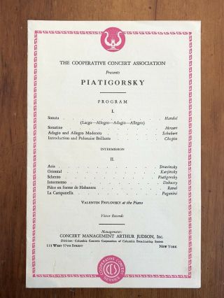 Concert Program Cellist Piatigorsky Recital Cello Paganini C.  1940s